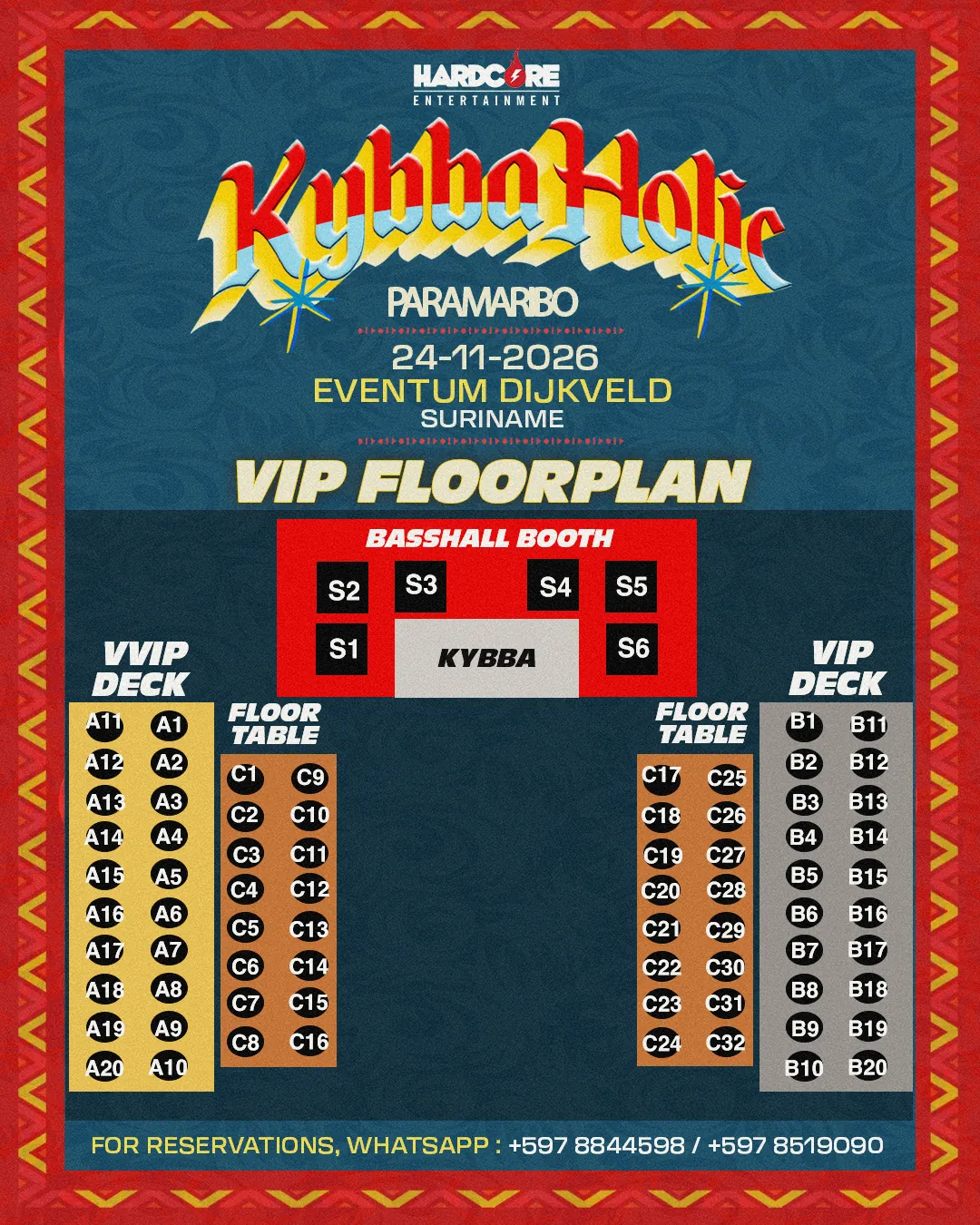 VIP-plattegrond: Basshall Booth S1 tot S6 rond het podium, VVIP Deck A1 tot A20, Floor Tables C1 tot C32 en VIP Deck B1 tot B20